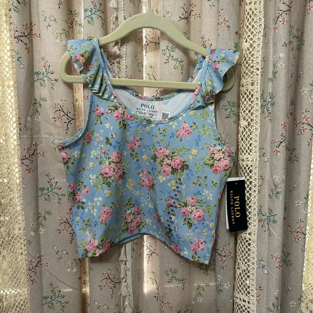 Polo Ralph Lauren Blue Ruffle Floral‎ Crop Size Medium (8-10) New